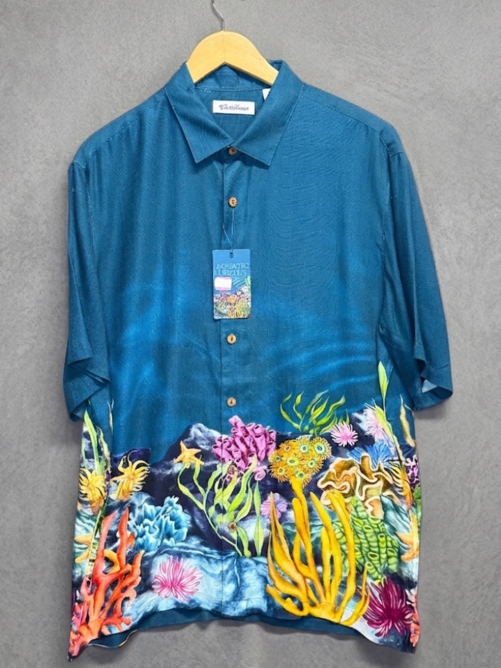 Caribbean Men’s XL Hawaiian Shirt Aquatic Depths Ocean Coral Reef Rayon Blue NWT